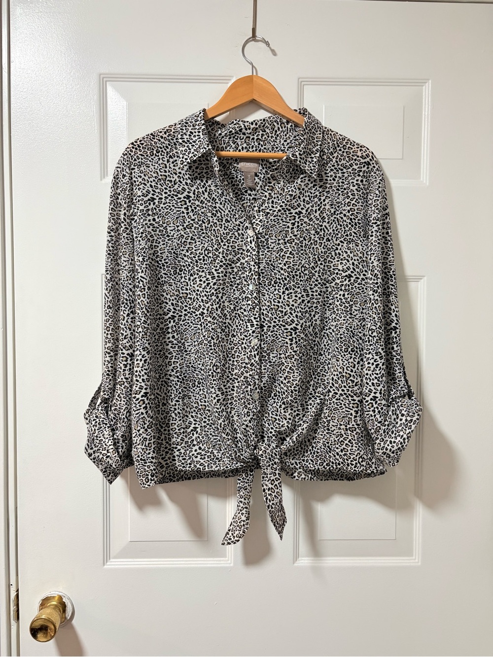 Chicos 3 Tie-Hem Leopard Print Button-Front Blouse - Black/White